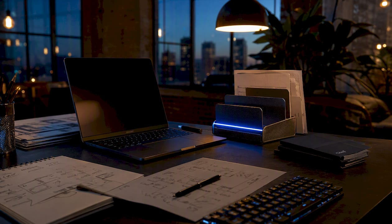 Workspace showing schema code with laptop and notes
